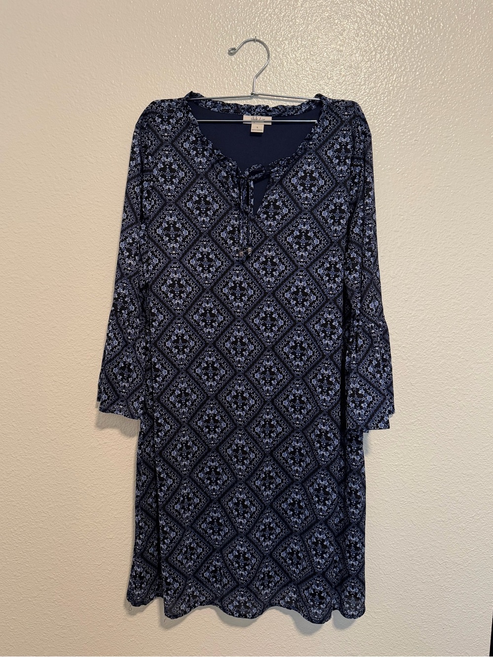 Style & Co. Navy and Light Blue Floral Tie-Neck Dress